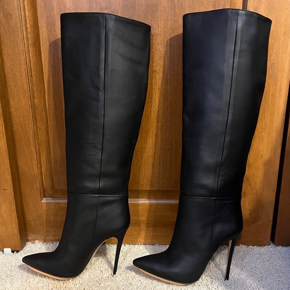 IDENTITA Black Leather "Dayna" Italian Boots Knee High 10 / 40 - 120mm Heels